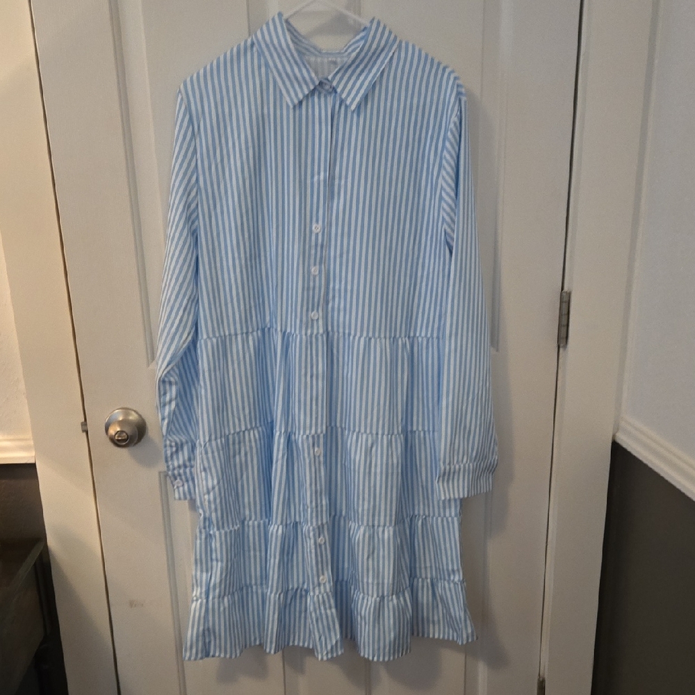 Blue and White Striped Button-Up Dress